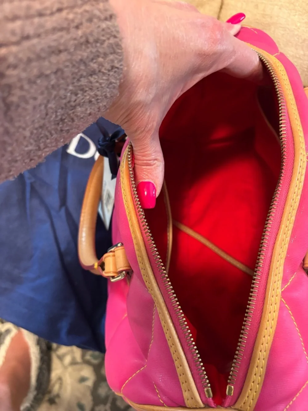 Dooney & Bourke Fuchsia Quilted Satchel with Tan Leather Trim - Picture 9 of 12